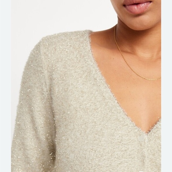 NWT Old Navy Ivory Gold Metallic Textured Shine Crop Button V Neck Cardigan - Picture 3 of 13